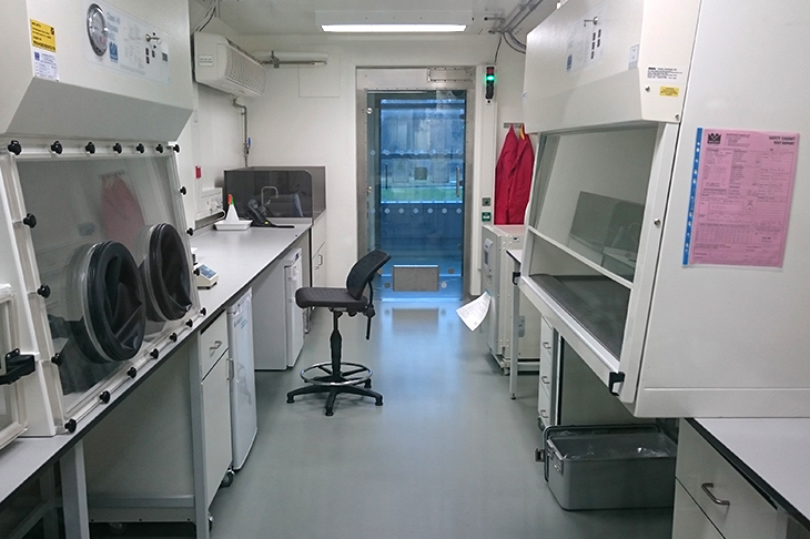 Laboratory with two biological safety cabinets located within the Plowright Building